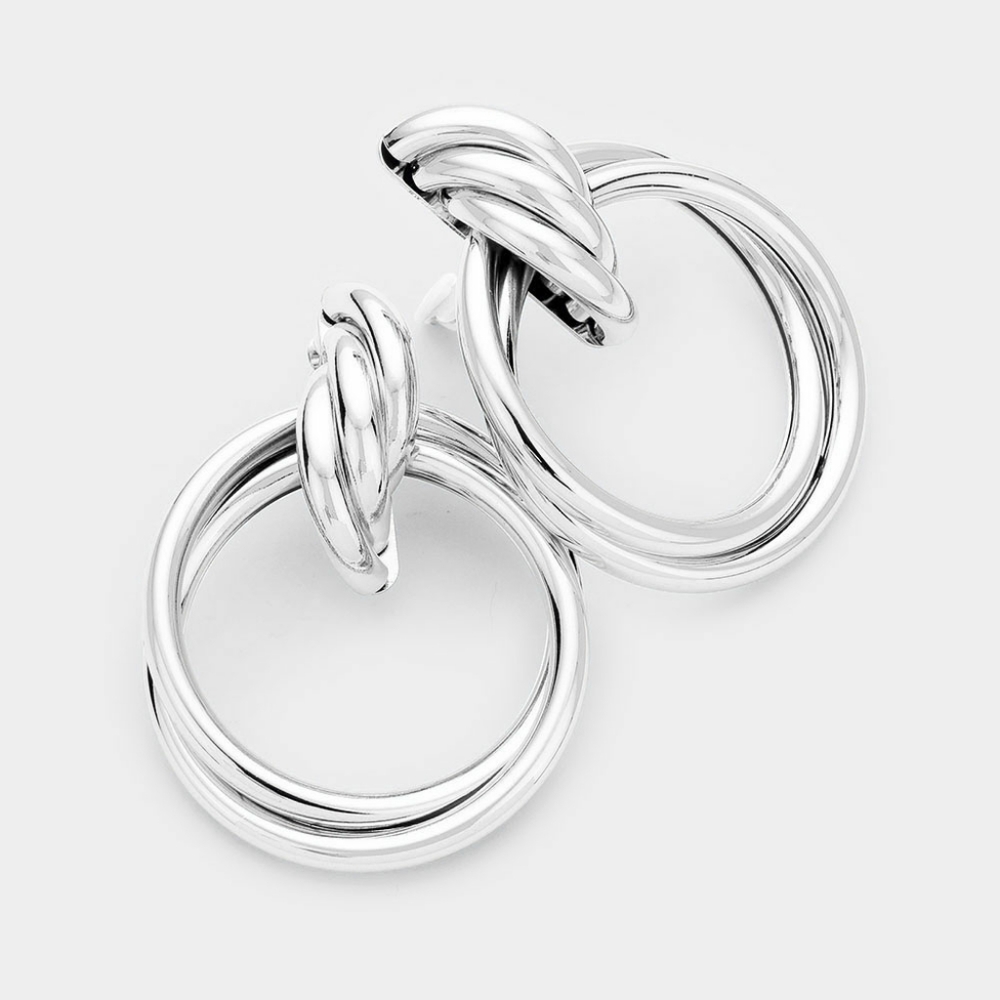 Silver Knot Style Metal Clip On Earrings 2.5 Inch